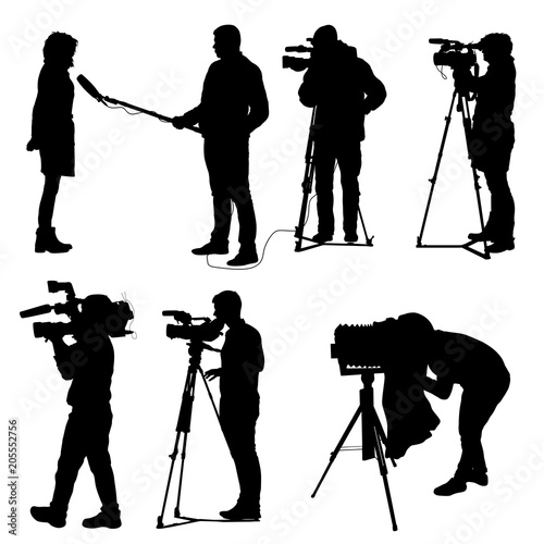 Set cameraman with video camera. Silhouettes on white background