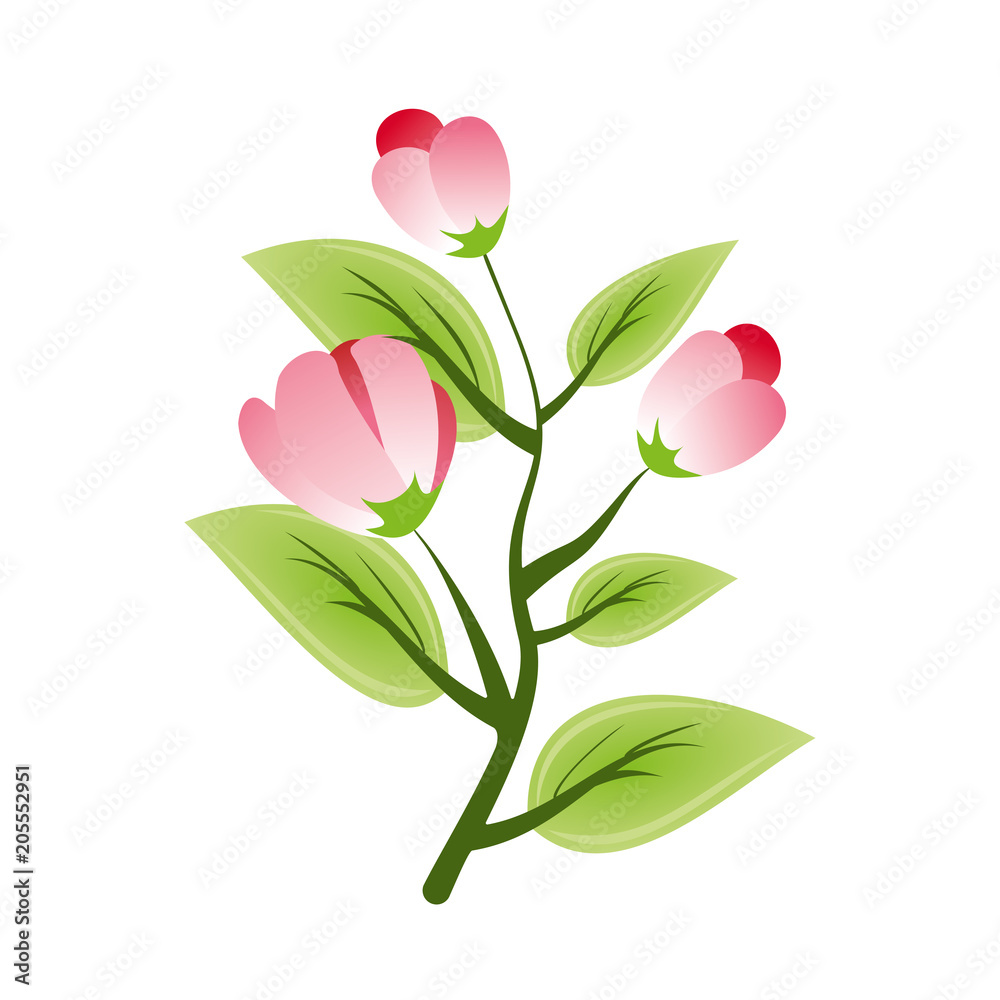 Light Pink Flowers and Green Leaves. Vector illustration for