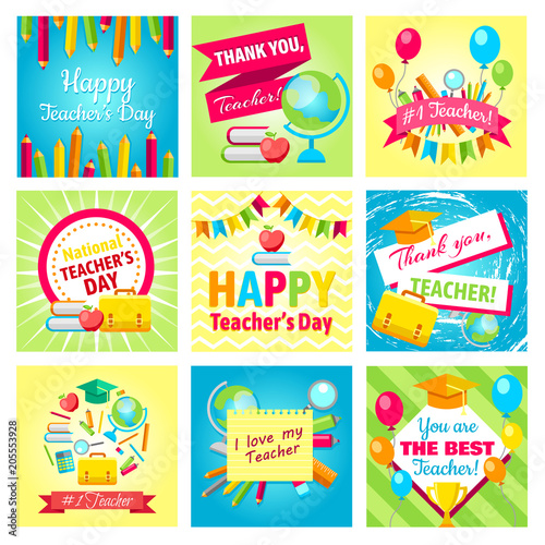 Set of gift cards for Teacher's Day. Vector illustrations collection. Happy Teacher's day - holiday greeting cards design. Poster, banner concept for Teacher's day with books, glasses, globe, pencils