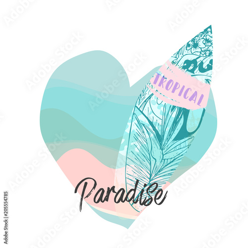 Cute hand drawn vector Summer illustration with surf board with tropical floral texture on pastel blue ocean background and grunge brush stroke textures. Tropical Paradise