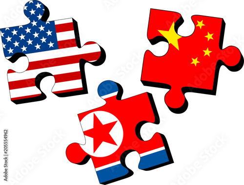 USA, China and North Korea as jig saw puzzle pieces with flags of the United States of America, China and North Korea isolated on white background. Vector illustration