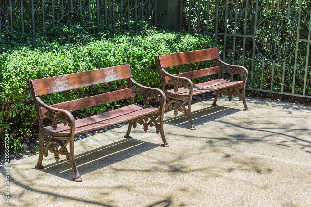 Long benches in the park.