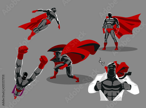 Comic superhero actions in different poses. Male super hero vector cartoon characters. Set or collection of heroic cartoon character.