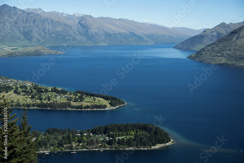 Landscape of mountains and a blue lake form above