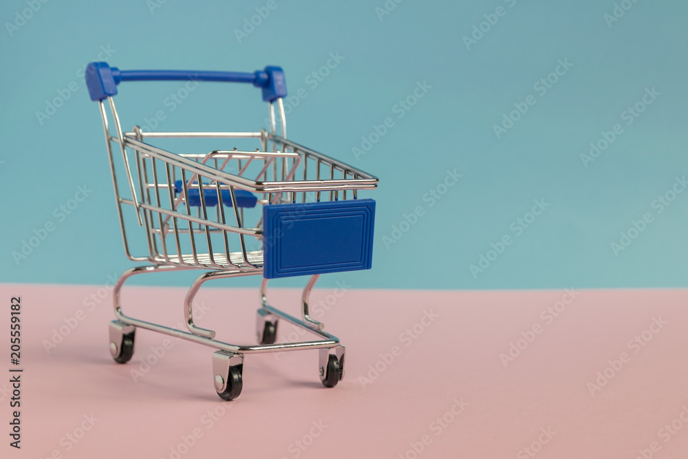 Small empty shopping cart/trolley on half pink, half blue pastel background. Minimal concept.