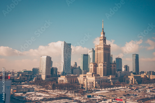 View of the Palace of Culture and Science and the business center of the city on a frosty winter morning from the window of the Novotel Hotel photo