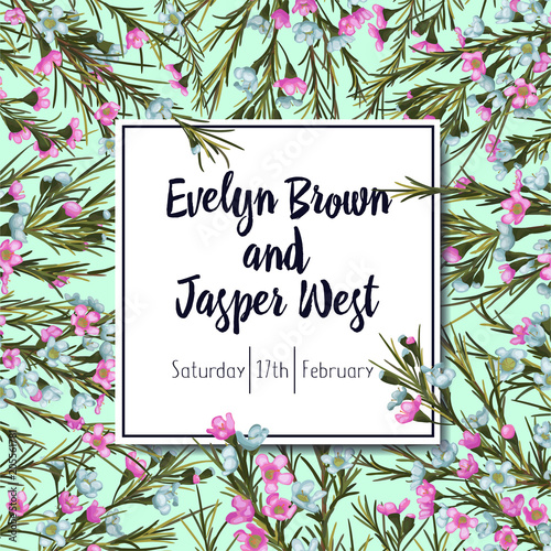 vector background for wedding invitation, greeting card, flyer with pink and blue wax flowers on a turquoise background with square frame for text