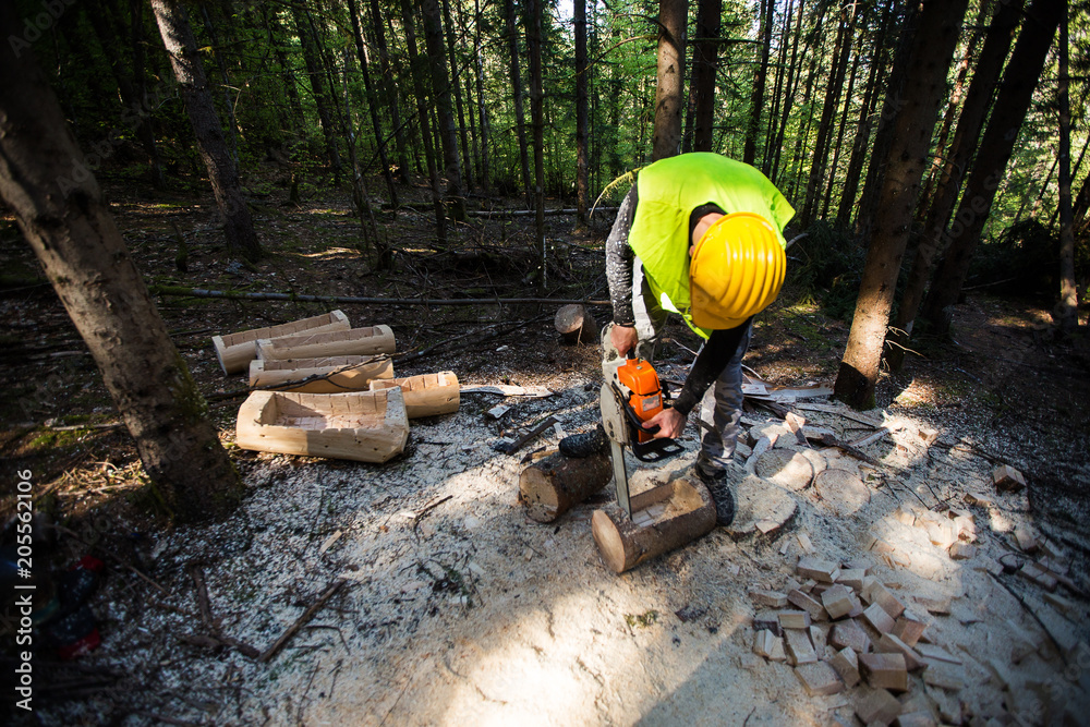 Man sawing wood using chainsaw Man sawing wood using chainsaw