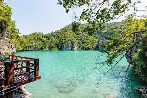 Balcony at Thale Nai viewpoint, Blue Lagoon (Emerald Lake) beautiful nature landscape green sea in the middle of mountain at Koh Mae Ko island in Mu Ko Ang Thong National Park, Surat Thani, Thailand