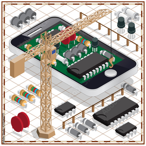 Electronic scheme of mobile phone and a tower crane. Isometric. Vector illustration.