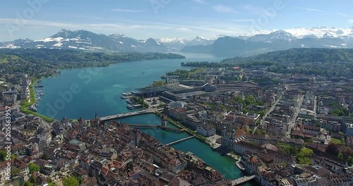 Beautiful aerial shot of the old cityof Lucerne and the Alps