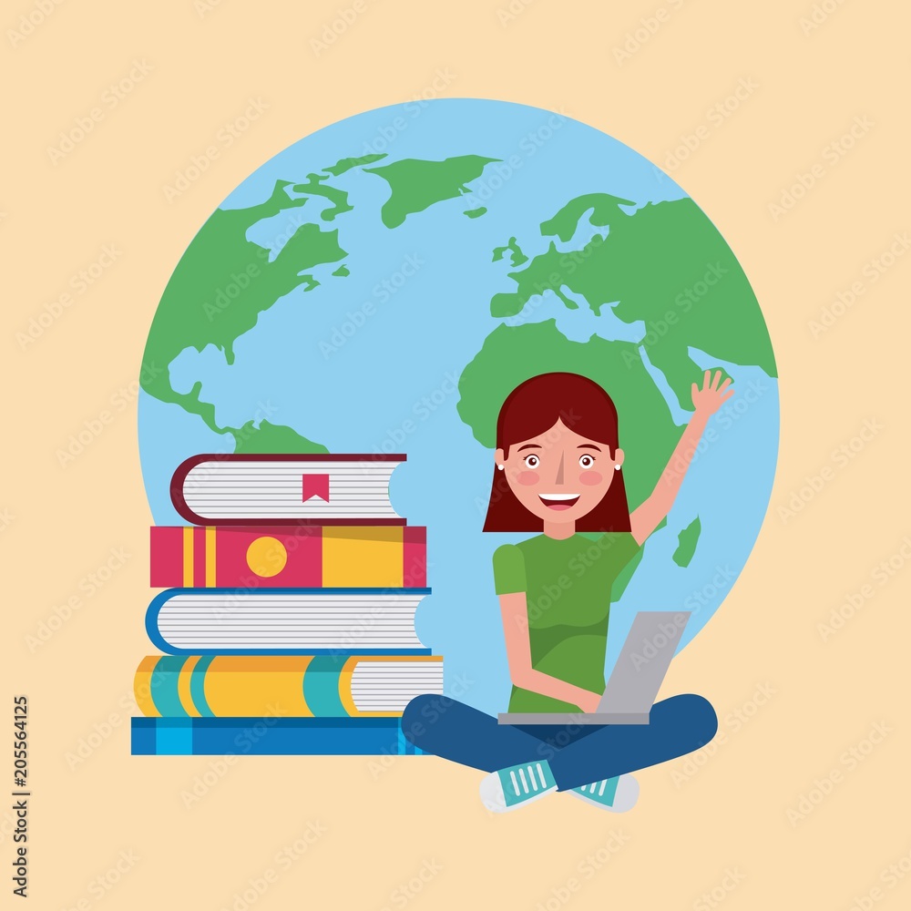 student girl with laptop books world learning vector illustration student girl with laptop books world learning vector illustration