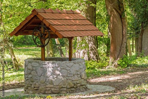 a stone well with a roof in the middle of a forest