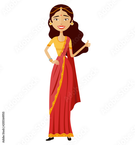 Glad young indian woman showing thumbs up vector cartoon flat isolated on white 
