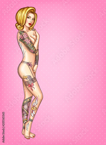 Vector pop art illustration of sexy tattooed girl with blonde hair, standing naked and covering herself with hands isolated on pink dotted background. Fashion model of body-art, tattoo hobby concept