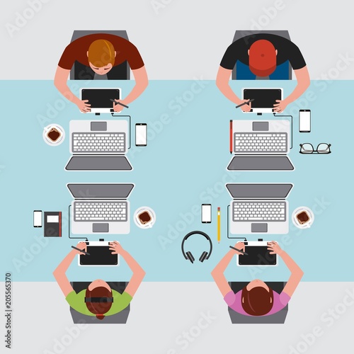 top view people designers working tablet computer tools at desk vector illustration