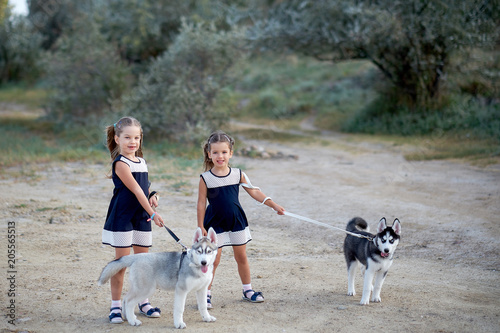 Two happy little girls embrace their Husky dogs lovingly