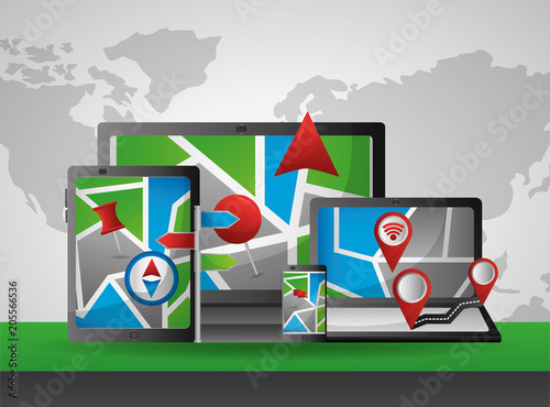gps navigation application differents devices gadgets vector illustration