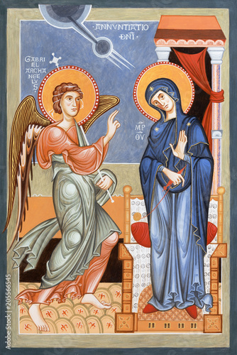 BOLOGNA, ITALY - APRIL 18, 2018: The icon of The Annunciation in church Chiesa di San Pietro by Sebastian Tarud.