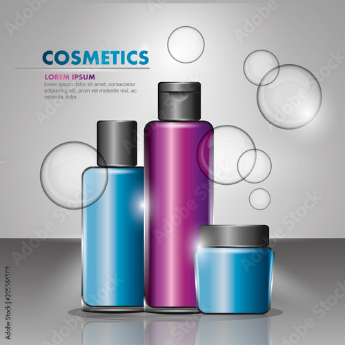 cosmetics bottle containers products beauty bubbles vector illustration