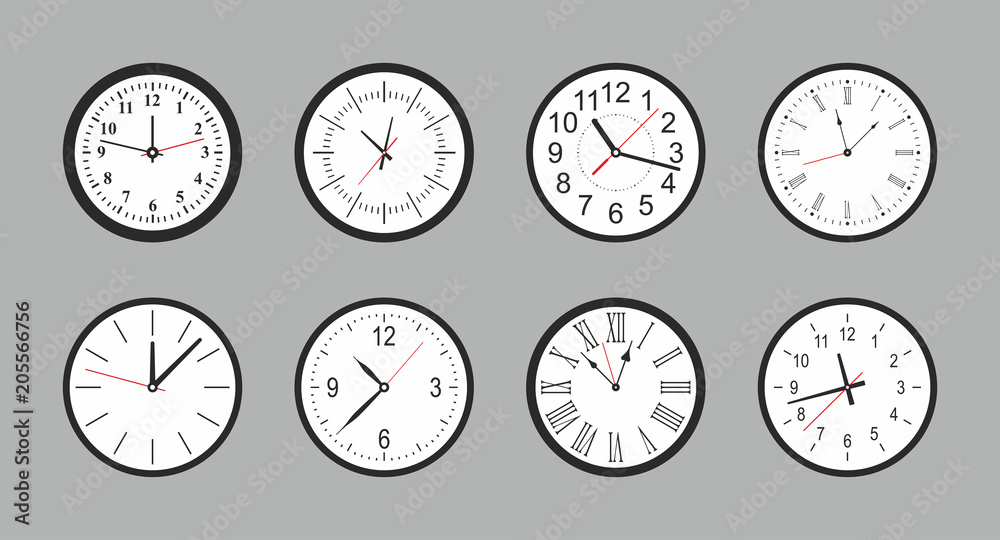 Set of white Round wall clock. flat style. isolated on gray background Set of white Round wall clock. flat style. isolated on gray background