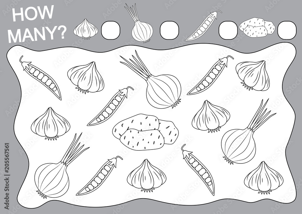 Count how many vegetables. Coloring page. Educational game for preschool children. Leisure activity. Vector illustration.