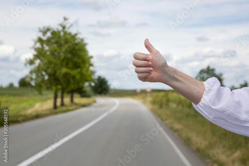 Wallpaper Mural Young woman in white shirt hitchhiking on the country road Torontodigital.ca