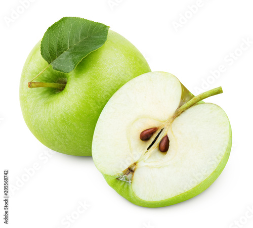 Ripe green apple fruit with apple half and green apple leaf isolated on white background. Apple fruits with clipping path