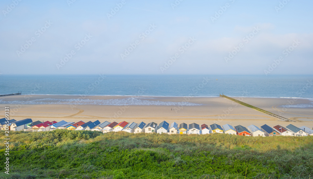 Fototapeta premium Recreational beach along the North Sea viewed from a dune in spring