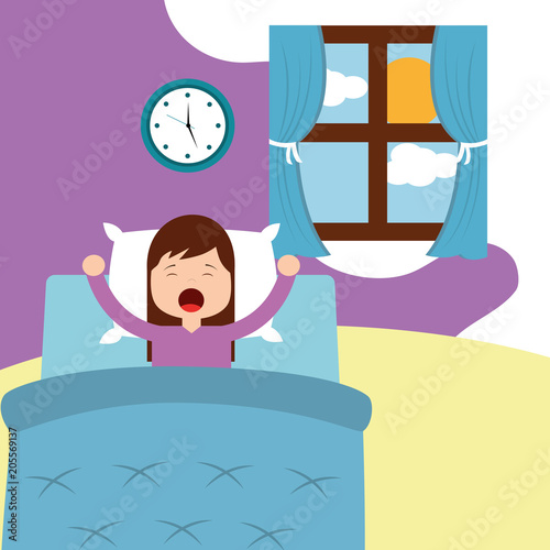 little girl wake up on bed in the morning vector illustration