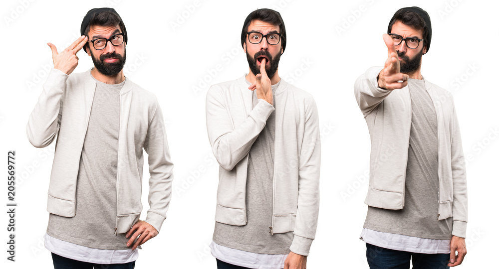 Set of Hipster man making suicide gesture Set of Hipster man making suicide gesture