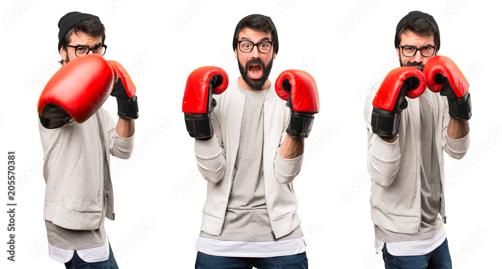 Set of Happy Hipster man with boxing gloves