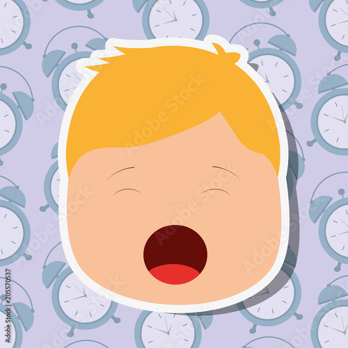 young boy face yawning clocks background vector illustration