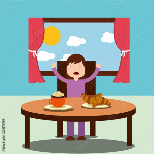 little girl happy to eat breakfast in the morning vector illustration