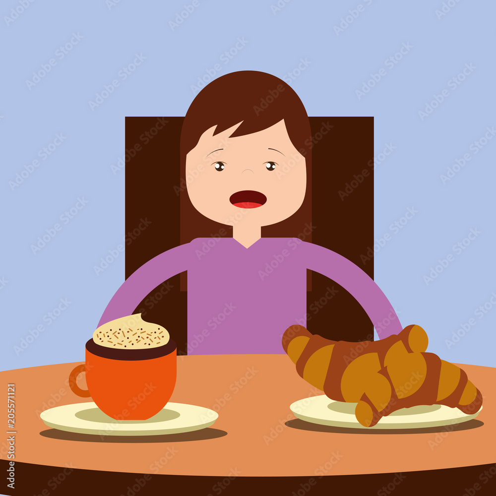 young happy girl sitting eating breakfast on table vector illustration young happy girl sitting eating breakfast on table vector illustration