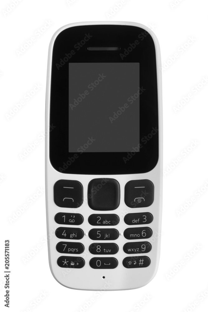 old black and white phone, gadget with buttons with monochrome display isolated on white background. close-up. old black and white phone, gadget with buttons with monochrome display isolated on white background. close-up.