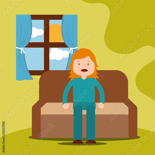young girl yawning sitting on sofa vector illustration