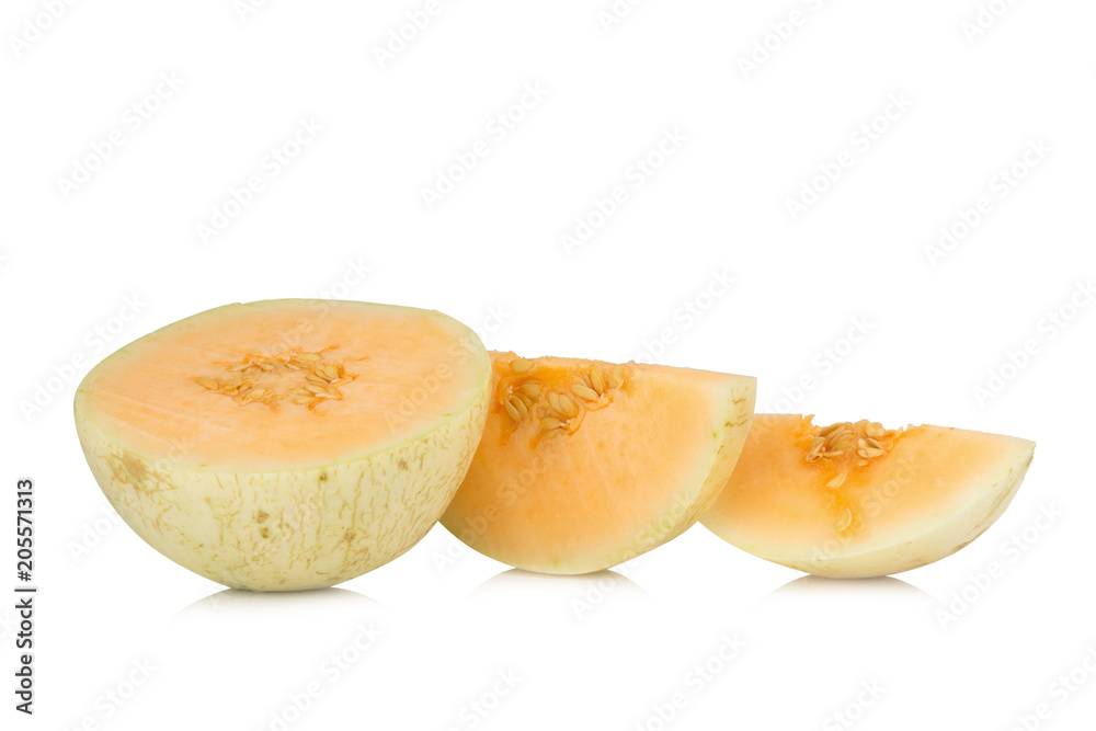 melon(sunlady) slice. half. isolated on white background