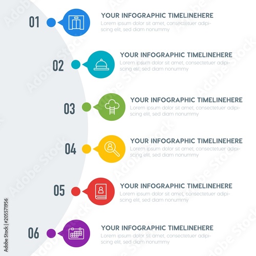 Flat business, transports, hotel infographic timeline template with 7 options for presentations, advertising, annual reports