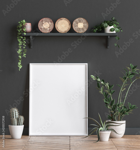 Mock up poster frame near black wall with flowers,3d render