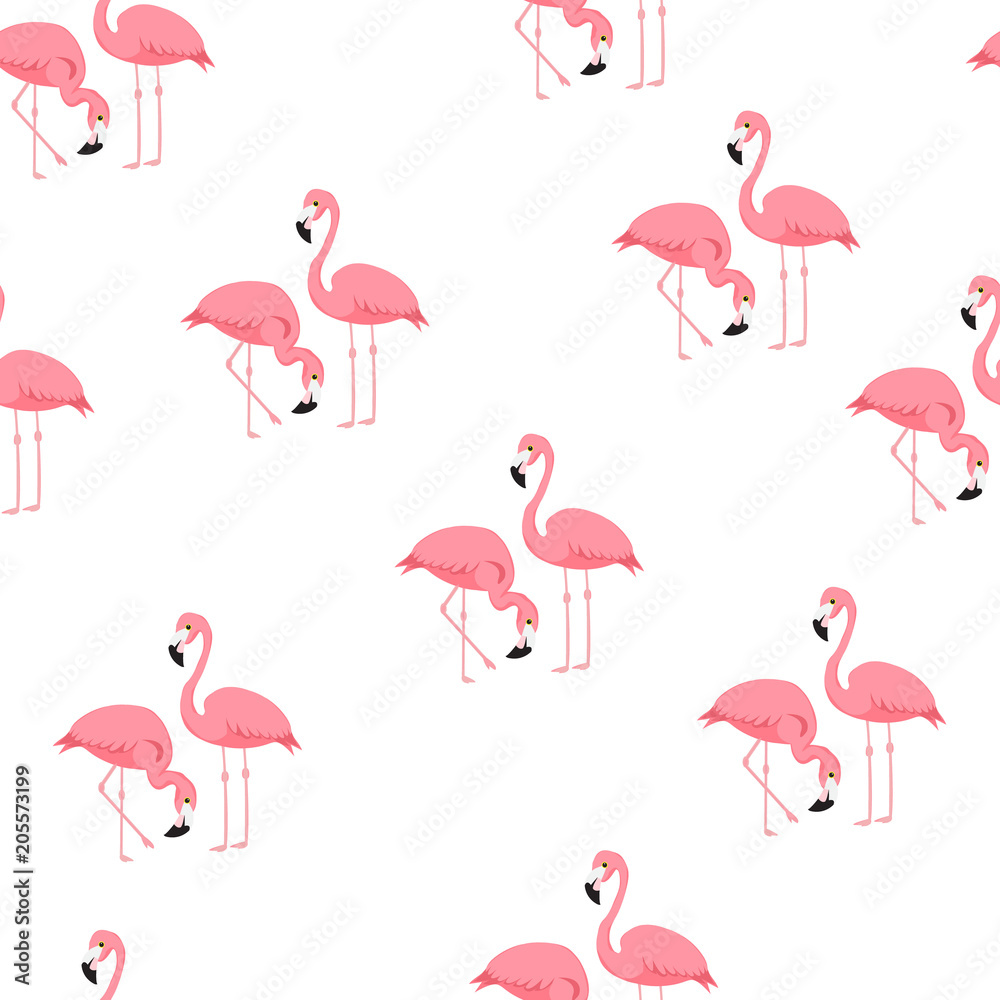 Fototapeta premium Tropical trendy seamless pattern with flamingos and zebra print. Exotic Hawaii art background. Design for fabric and decor. Summer fashion print. Pink flamingo illustration. Animal skin zebra stripes.