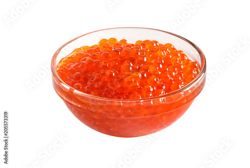 red caviar in glass bowl isolated on white