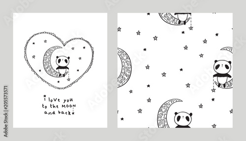 Fototapeta Naklejka Na Ścianę i Meble -  I love you to the moon and back. Set of Greeting card with heart and cute pandas on the moon. Seamless pattern for gift wrap, textile or book covers, wallpapers and scrapbook. Vector.