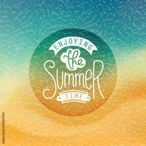 Creative Summer label. Stylized tropical beachfront background and handwritten slogan. Vector illustration