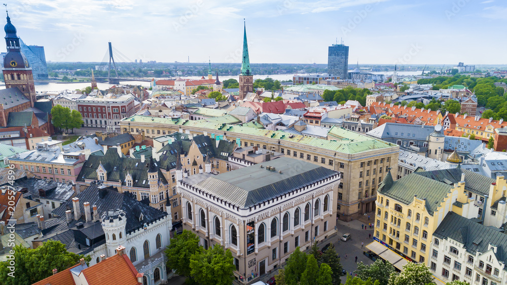 Top view on the old town with beautiful colorful buildings and streets in Riga city, Latvia, bird eye view
