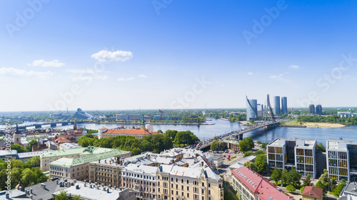 Top view on the old town with beautiful colorful buildings and streets in Riga city, Latvia, bird eye view
