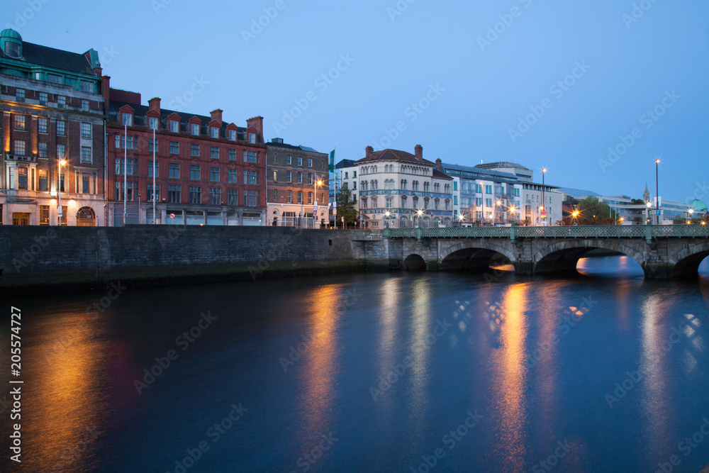Buildings at the Liffey riverbank in the early morning. Dublin, Ireland.