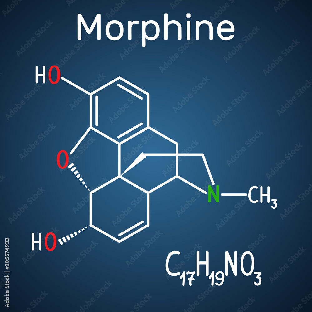 Morphine molecule. It is a pain medication of the opiate. Structural chemical formula and molecule model on the dark blue background