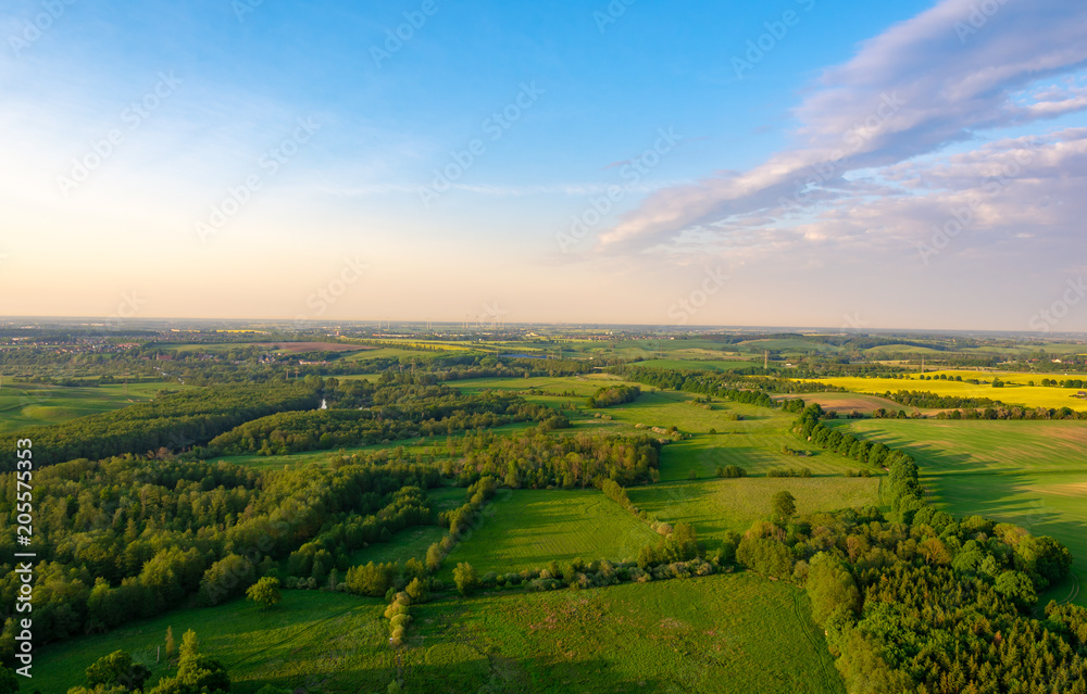 aerial view of meadows and field in mecklenburg western pomerania