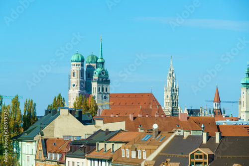 Aerial view with Frauenkirche, Neues Rathaus and Peterskirche, Munich, Germany